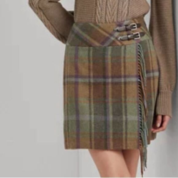 Lauren Ralph Lauren Plaid Fringe Trim Tweed Mini Skirt Size 6-12 - Picture 3 of 9